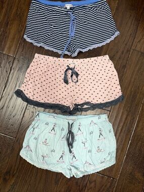 PJ Salvage Pink Heart Print Pajama Shorts with Black Bow, blue & yoga stretches